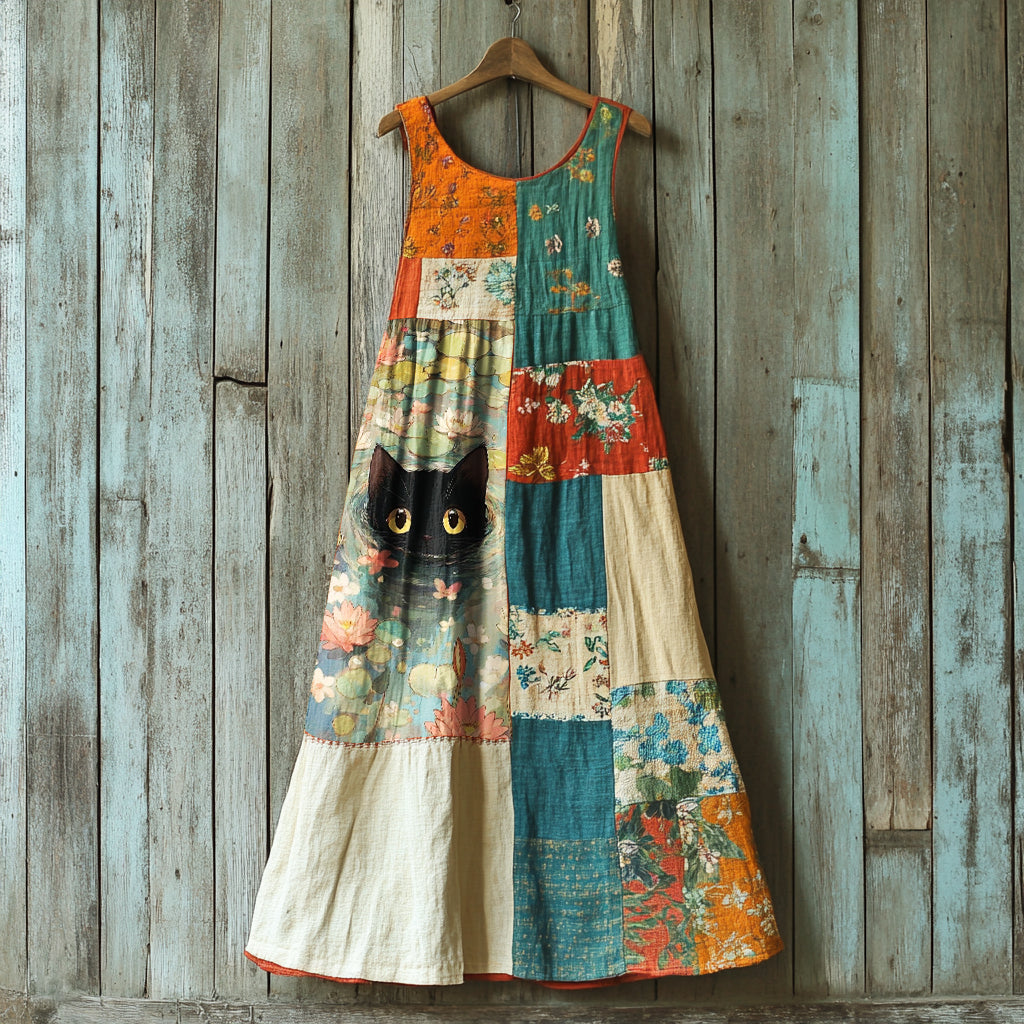 Women's Retro Cute Cat And Floral Patch Work Sleeveless Dress elevenforest