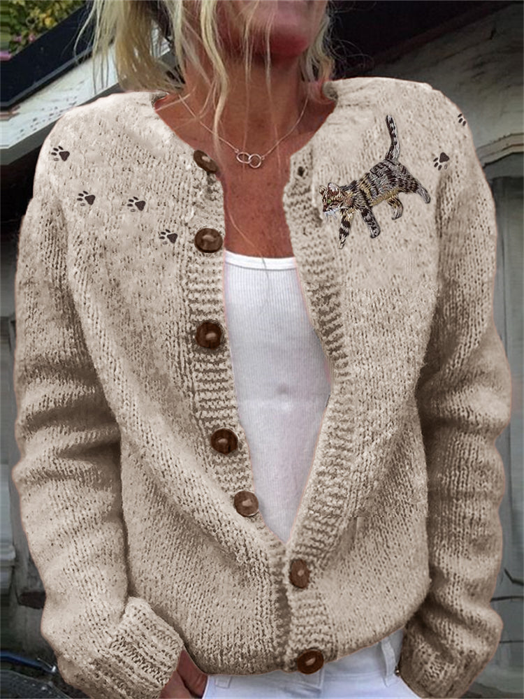 Cat & Paw Prints Yoke Embroidered Cozy Knit Cardigan elevenforest