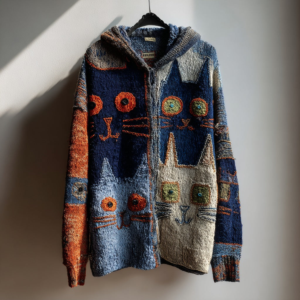 Women's Fun Yarn Cat Pattern Comfortable Warm Zip-up Hooded Sweater elevenforest