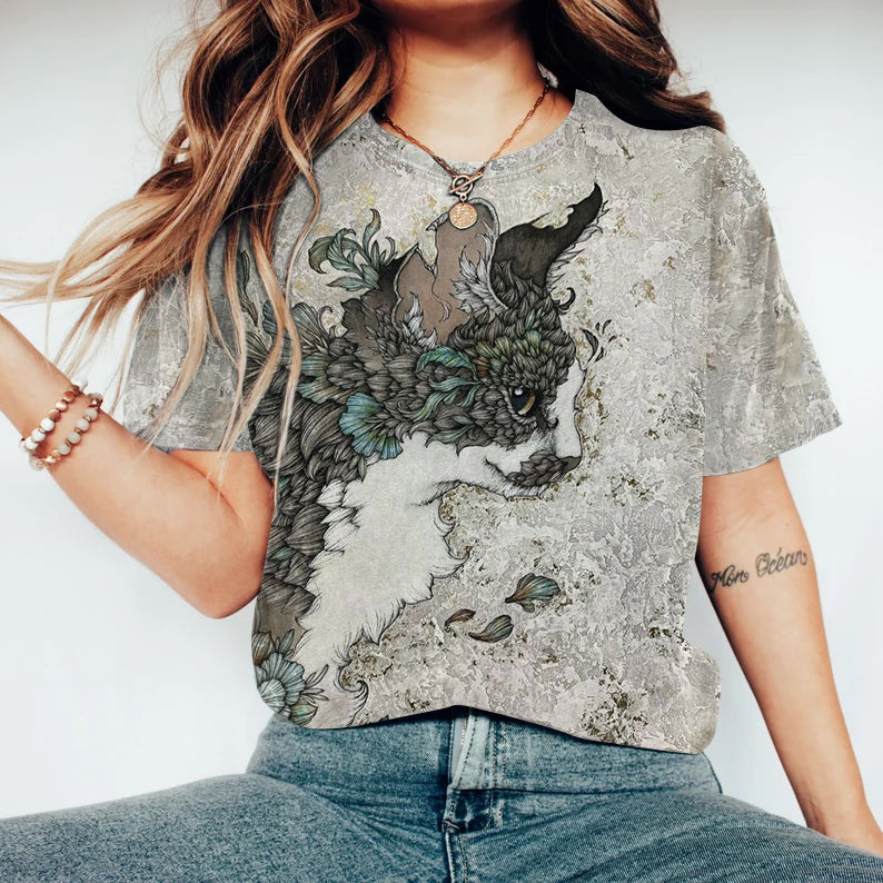 Vintage Cat Print Round Neck Short Sleeve T-Shirt elevenforest