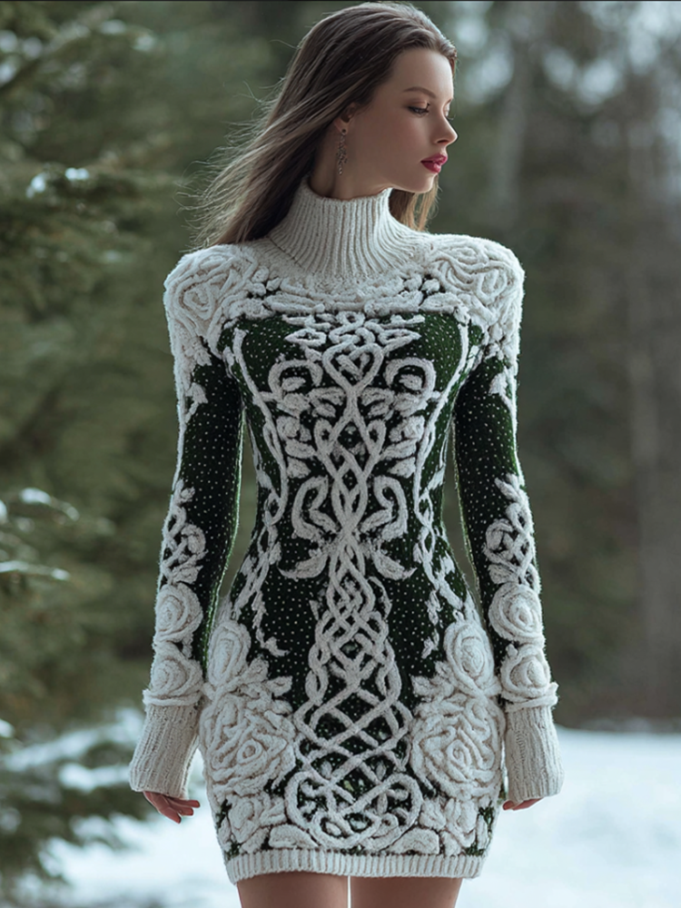 Viking Style Winter Women's Warm High Neck Knitted Sweater Dress artswardrobe