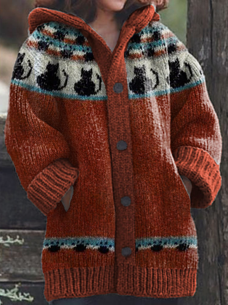 Black Cats Pattern Cozy Knit Hooded Cardigan elevenforest