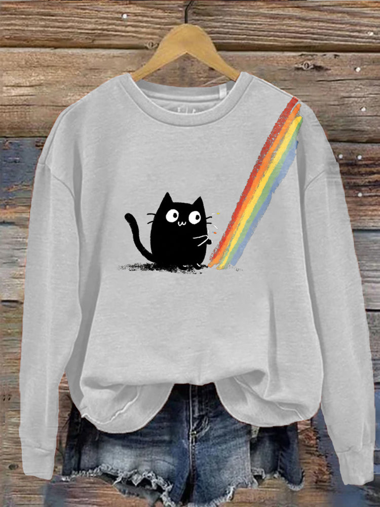 Rainbow-playing Kitten Fun Round-neck Long-sleeved Sweatshirt elevenforest