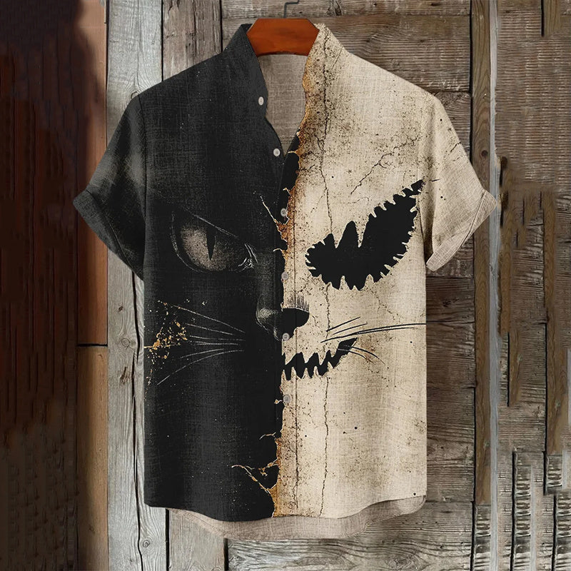 Men's Halloween Gothic Horror Cat Geometric Art Linen Shirt elevenforest