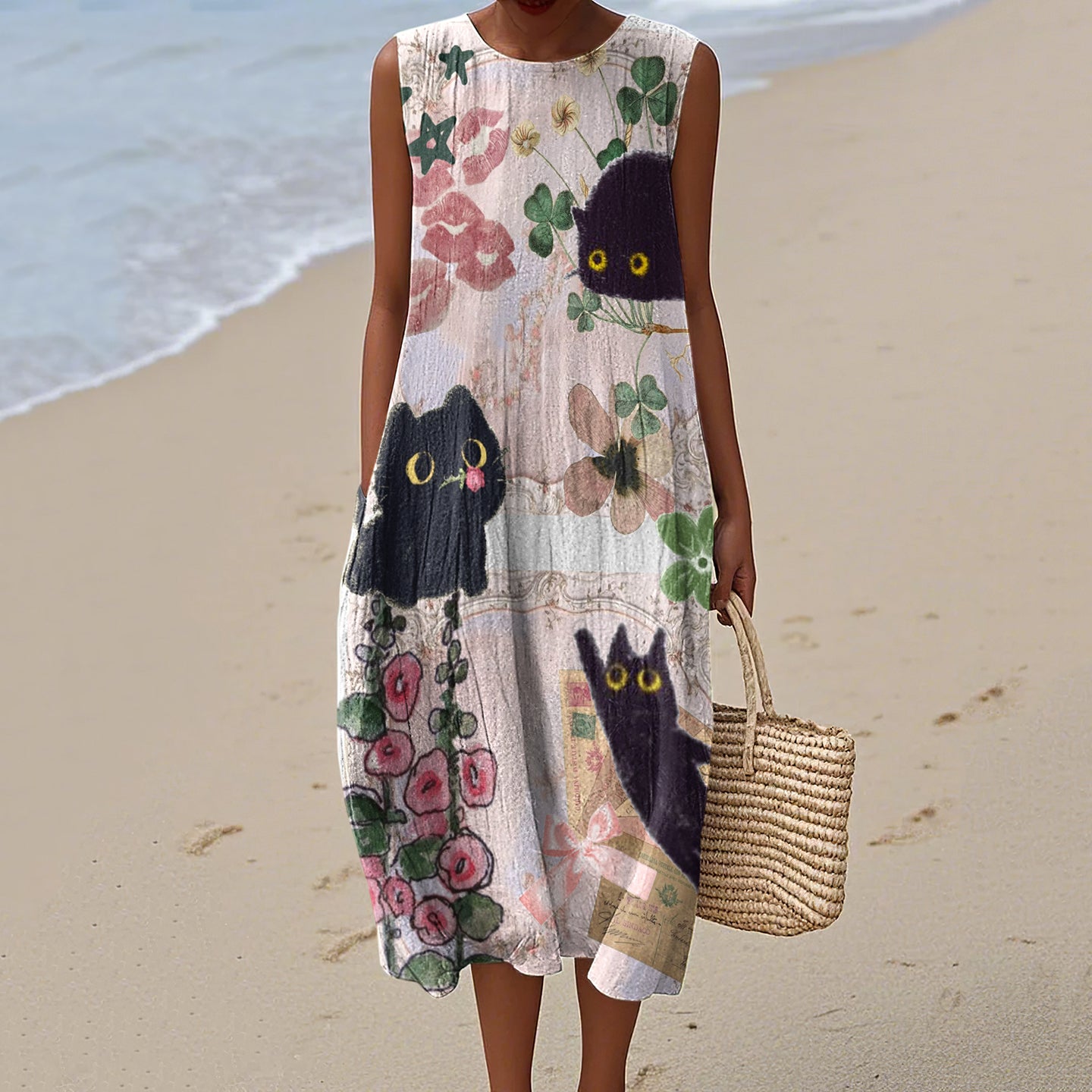 Women's Floral Cat Art Print Cotton And Linen Crew Neck Dress elevenforest