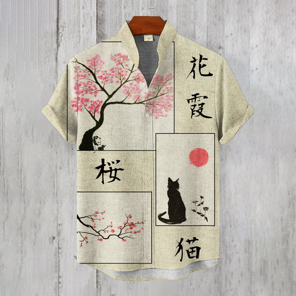 Japanese Cherry Blossom & Cat Print Men's Short Sleeve Shirt elevenforest