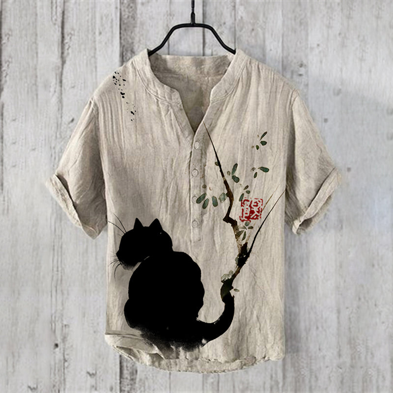 Retro Japanese Abstract Freehand Cat Botanic Art Print Linen Blend Shirt elevenforest