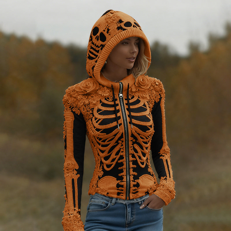 Women's Halloween Skeleton Bones With Roses Art Knitted Warm Zipper Hooded Sweater artswardrobe