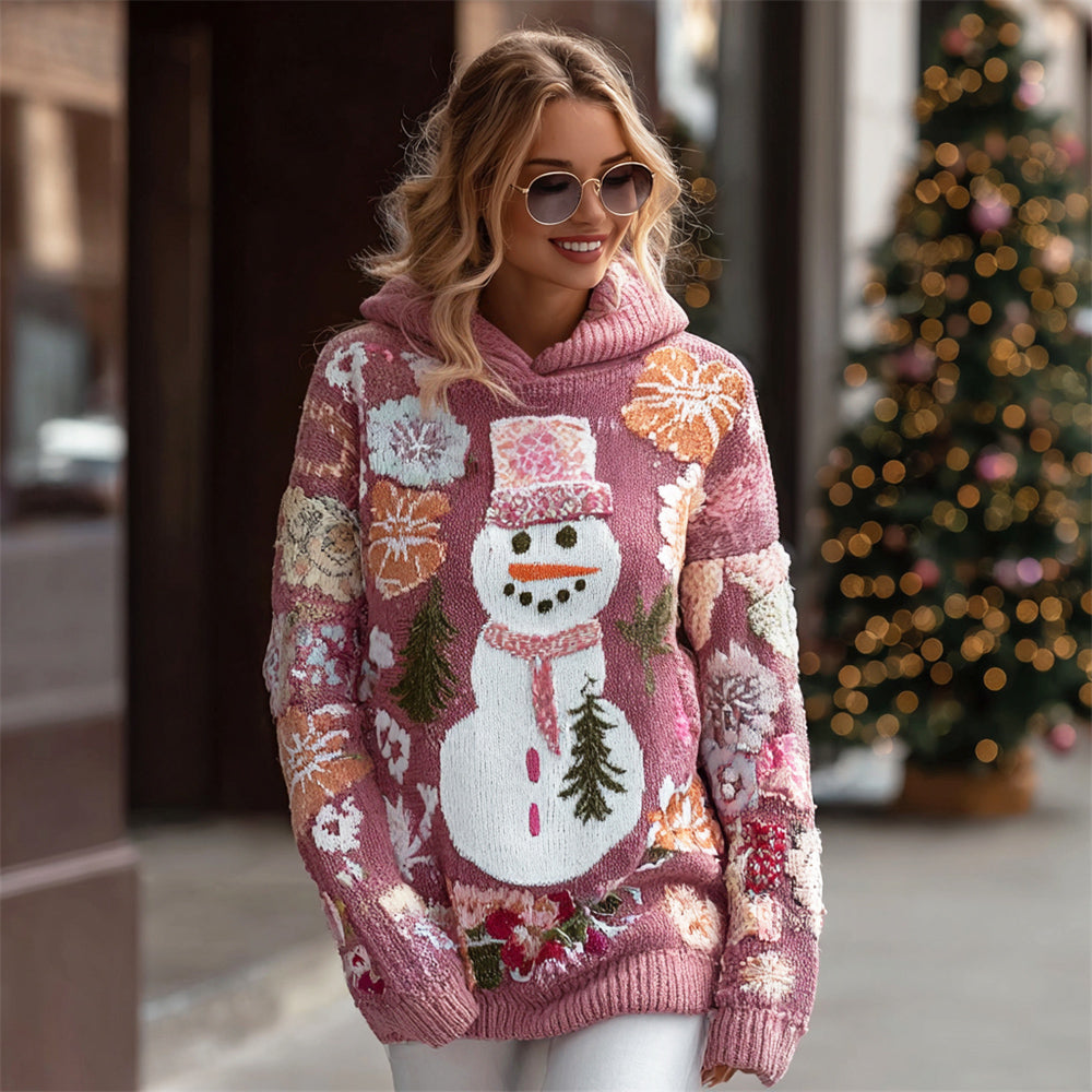 Christmas Snowman & Floral Patchwork Pattern Women's Knit Hooded Sweater artswardrobe