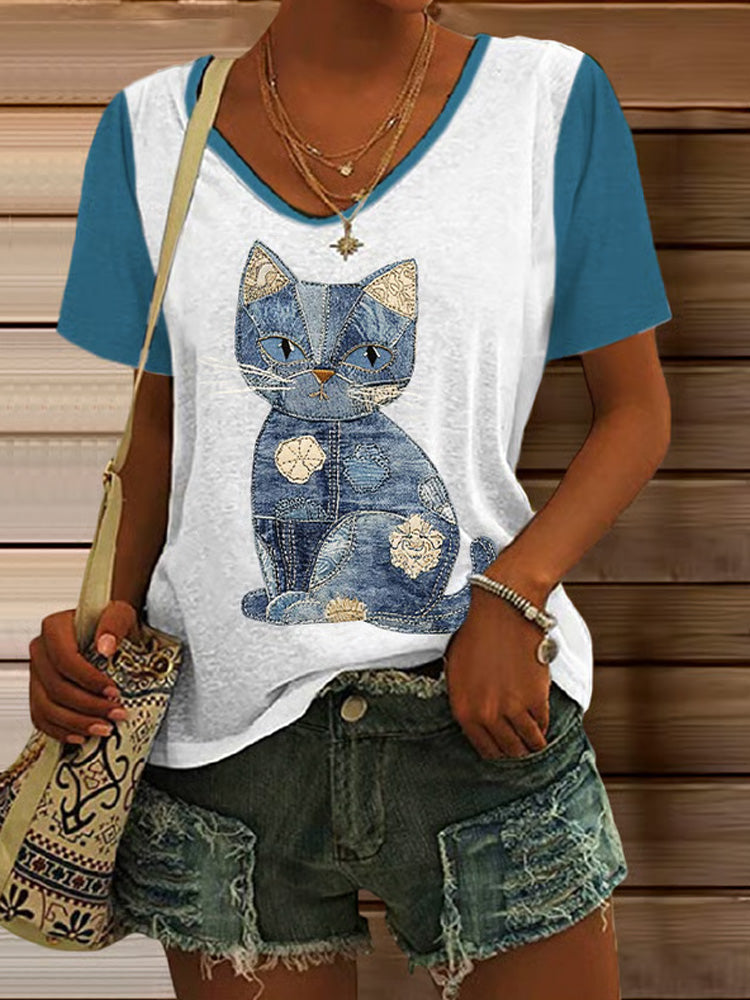 Women's Retro Animal Cat Print T-shirt elevenforest