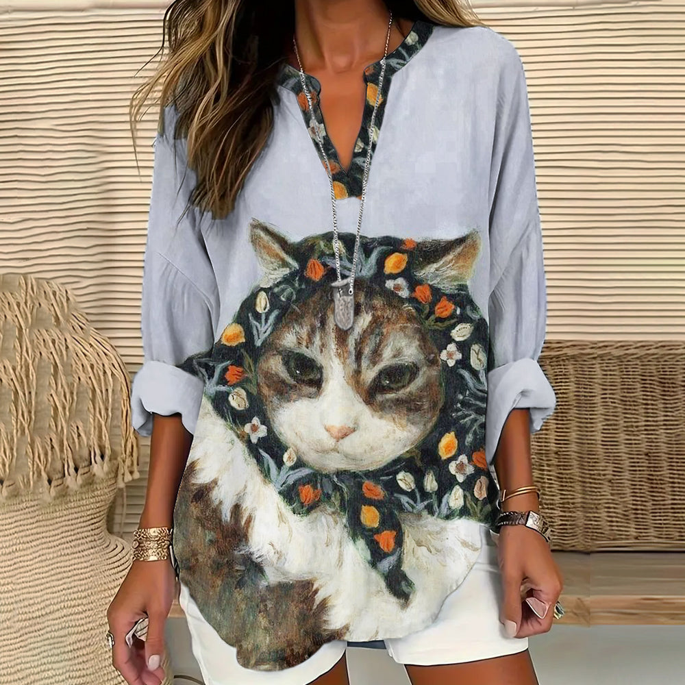 Fun Babushka Cat Floral Pattern Women's Linen Long Sleeve Shirt elevenforest