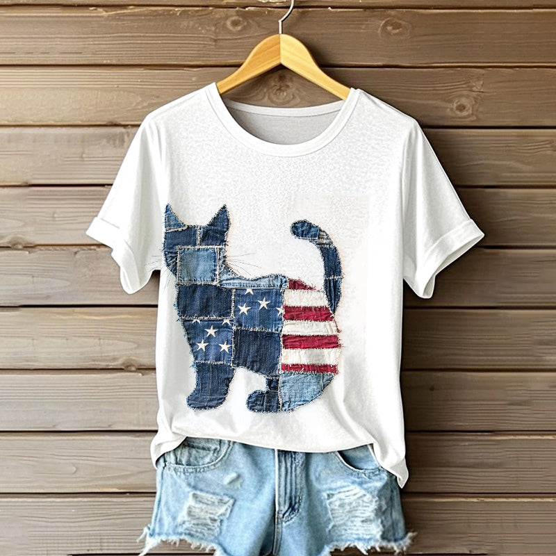 Cat Silhouette American Flag Denim Patchwork T Shirt elevenforest