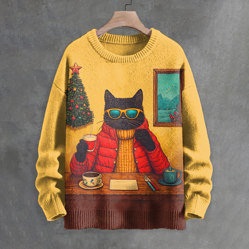 Men's Christmas Black Cat Down Jacket Print Knitted Sweatshirt elevenforest