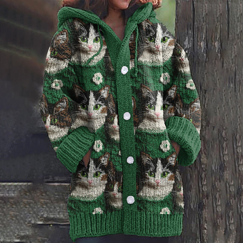 Vintage Cute Cat And Floral Art Cardigan Sweater elevenforest
