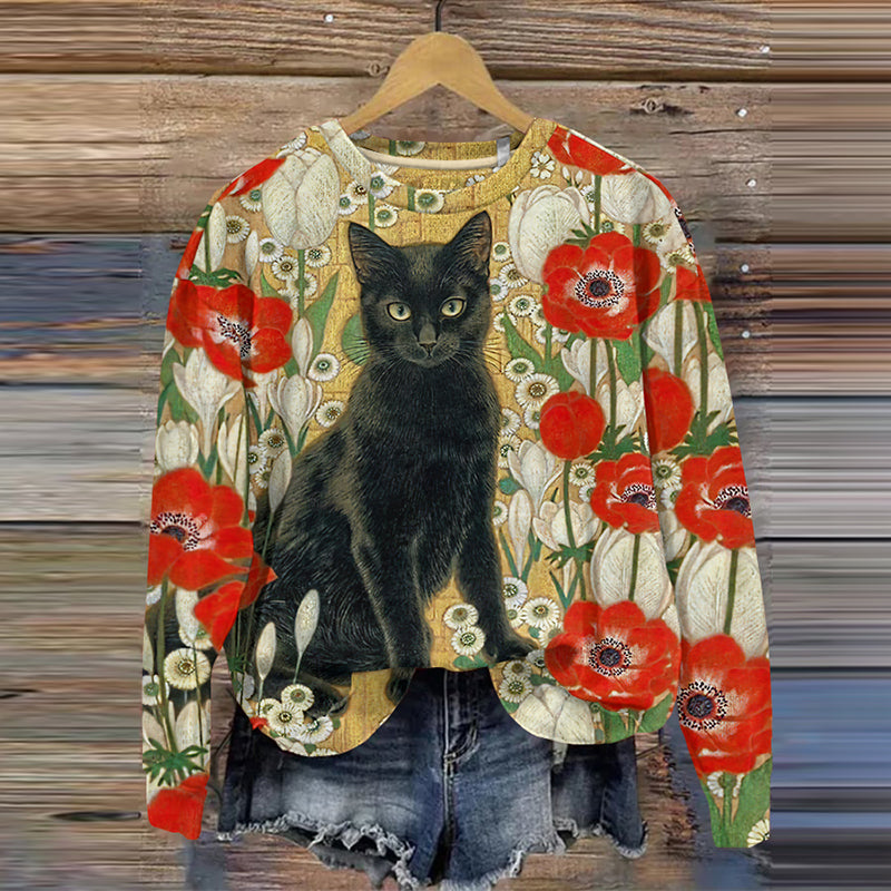 Retro Cute Black Cat Floral Art Print Casual Sweatshirt elevenforest