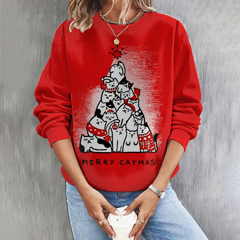 Merry Cat Christmas Tree Art Crew Neck Sweatshirt elevenforest