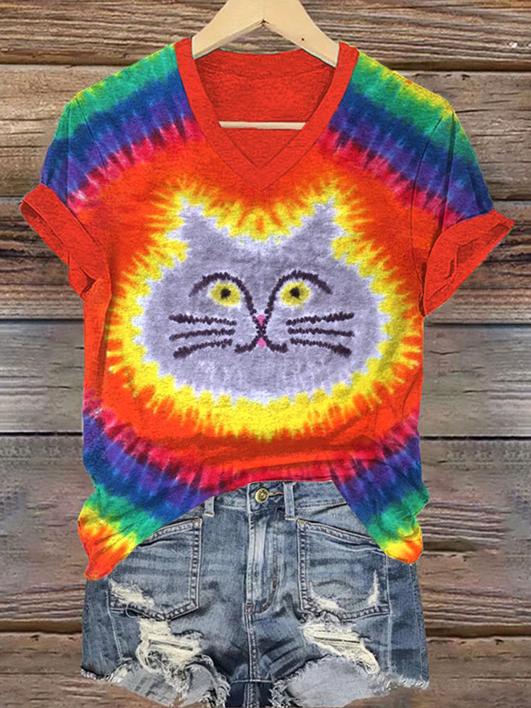 Cat Pattern Tie Dye Art V-Neck T-Shirt elevenforest