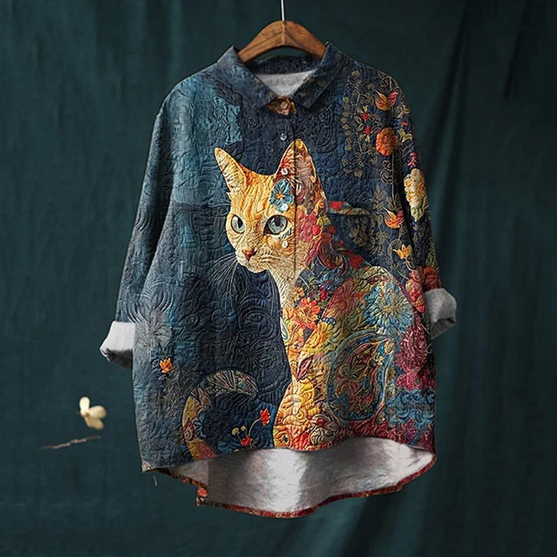 Women's Animal Cat Art Print Casual Cotton and Linen Shirt elevenforest