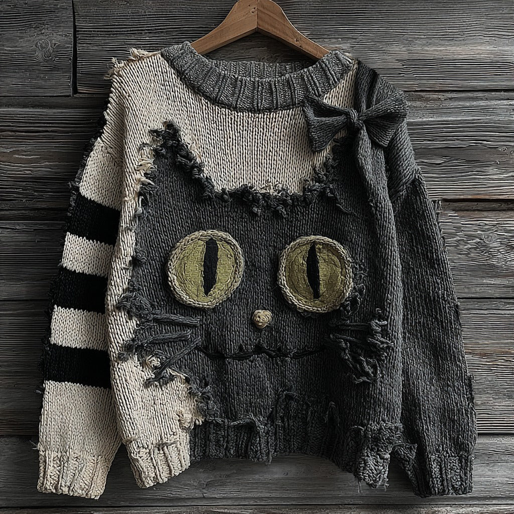 Halloween Cute Black Cat Striped Knitted Crew Neck Sweater elevenforest