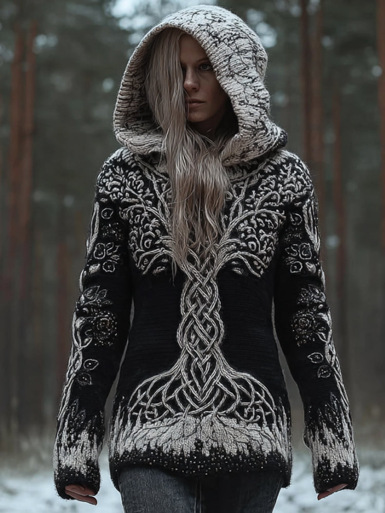 Women's Viking Style Tree Of Life Gothic Hooded Sweater artswardrobe