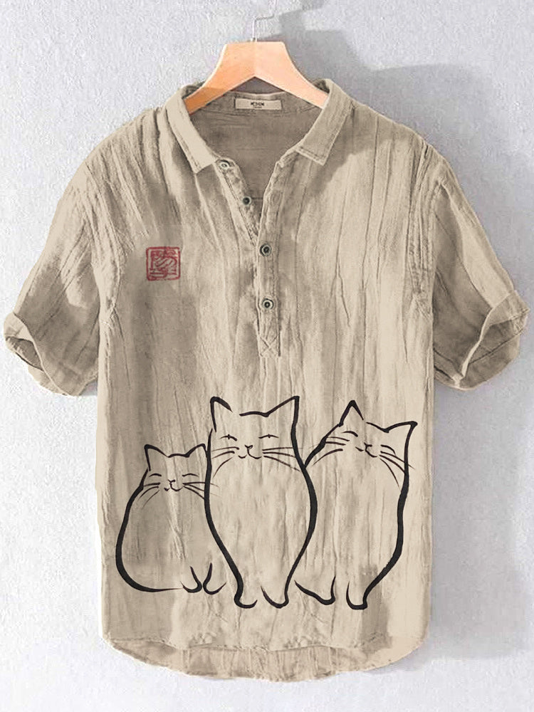 Japanese Cat Print Linen Short Sleeve Shirt elevenforest