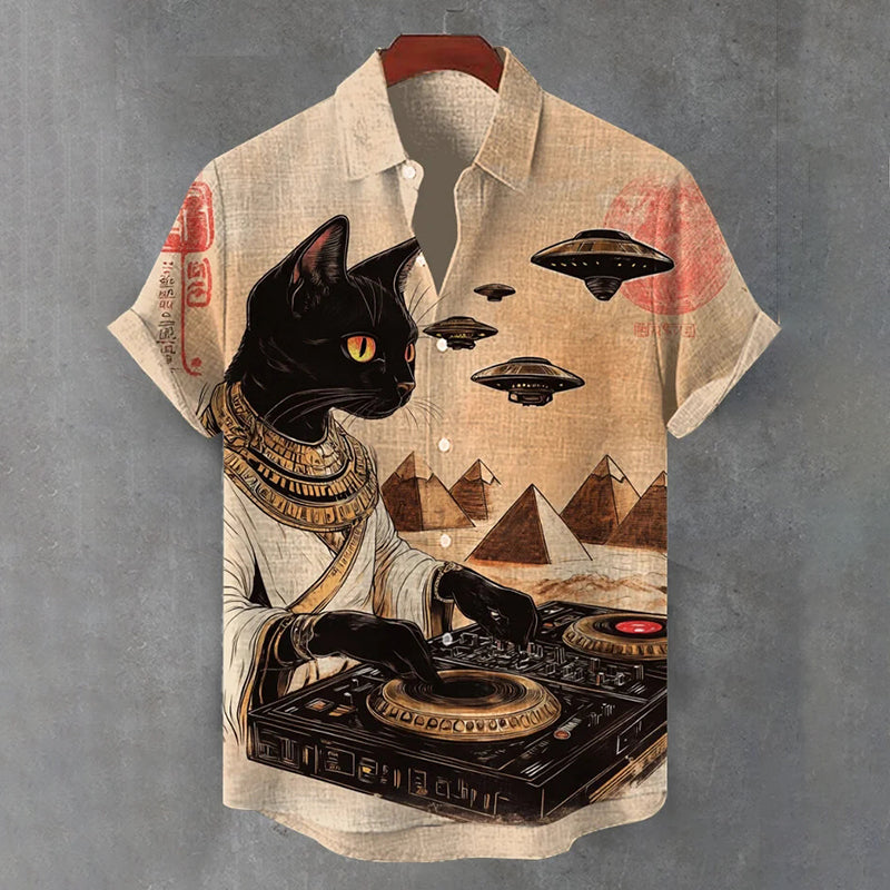 Men's Egyptian Cat Dj Ufo Art Print Short Sleeve Shirt elevenforest