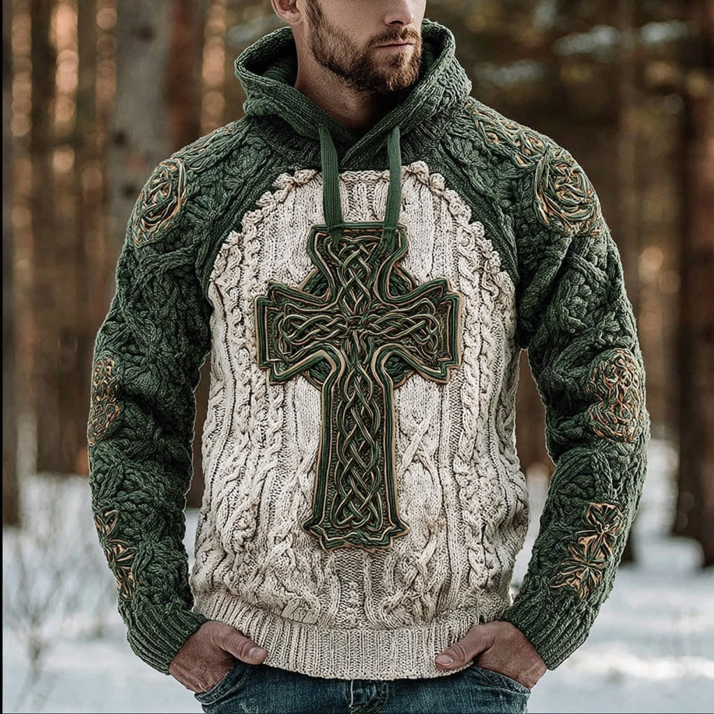 Men's Viking Irish Celtic Cross Knot Knit Hooded Sweater artswardrobe