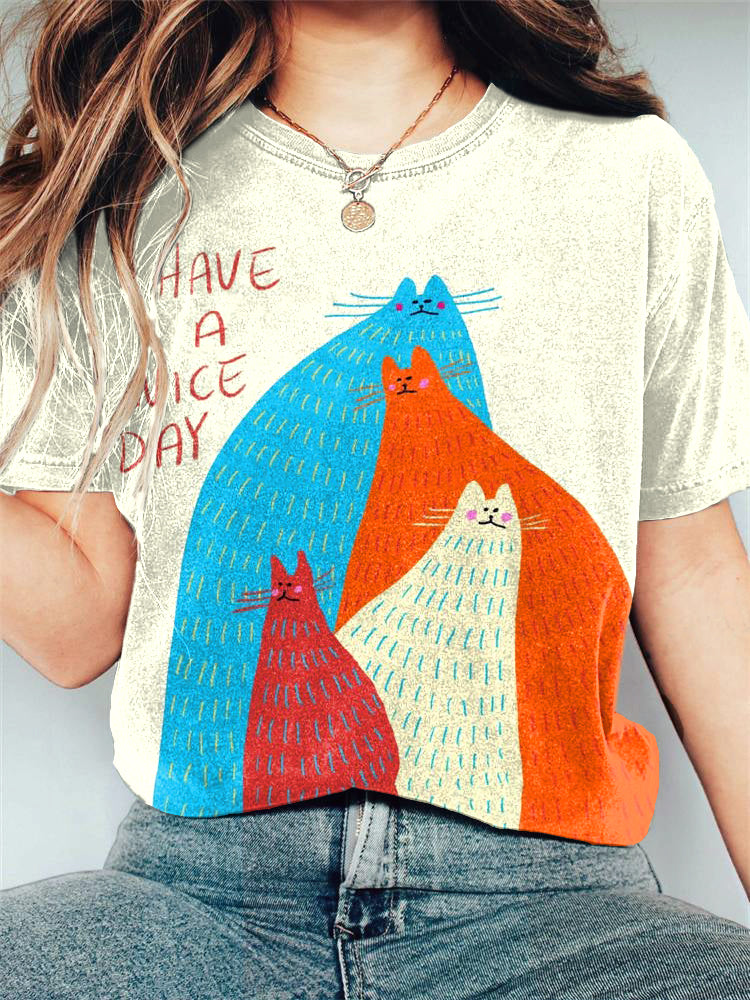 Cute Cat Have A Nice Day Pattern Short Sleeve T-Shirt elevenforest