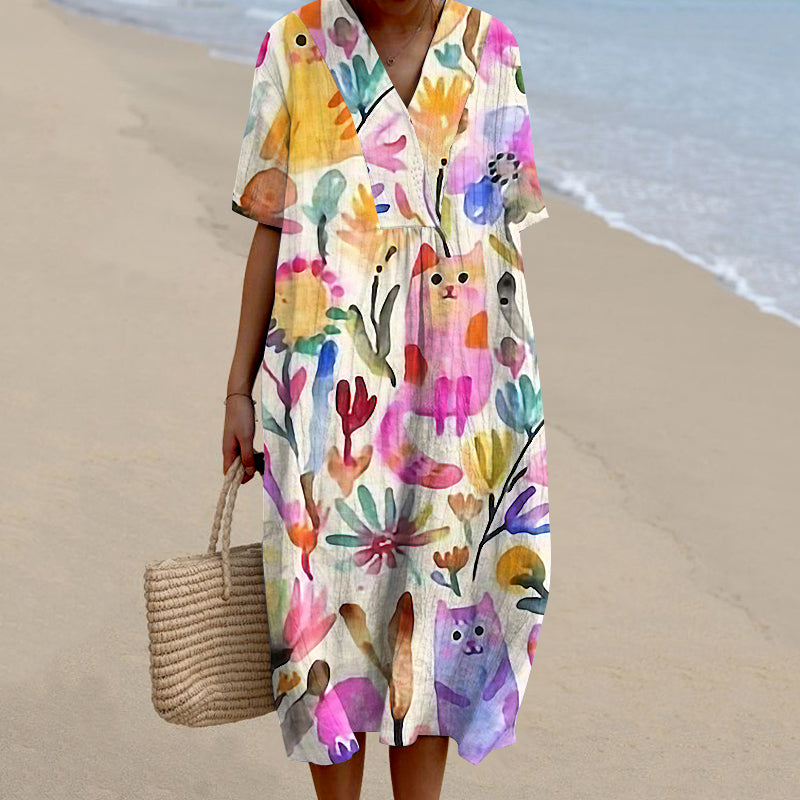 Women's Colorful Floral And Cat Art Dress elevenforest