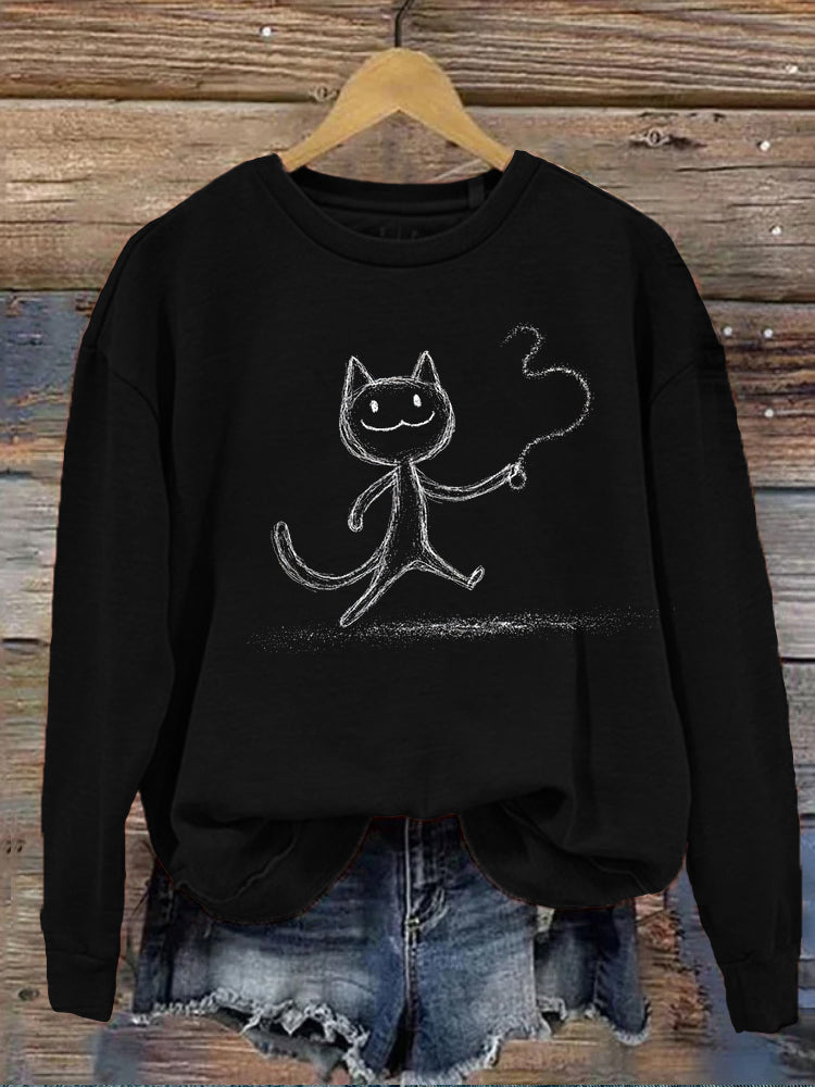 Cat Playing With Rope, Fun Round Neck Long-sleeved Sweatshirt elevenforest
