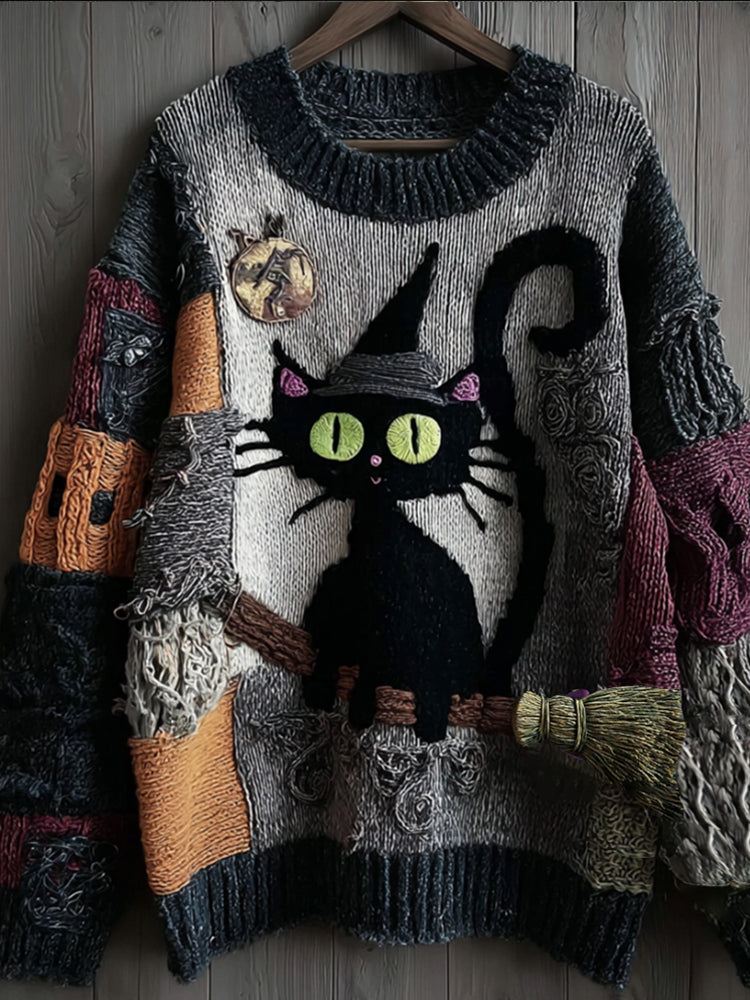 Halloween Witch Cat Patchwork Vintage Warm Sweater elevenforest