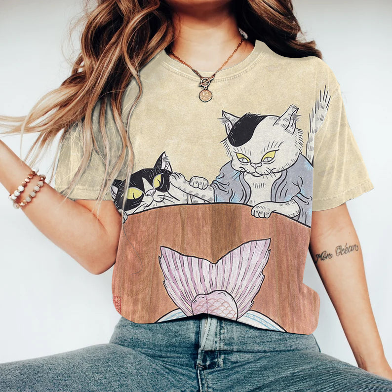 Japanese Art Cat Print Round Neck Casual T-Shirt elevenforest