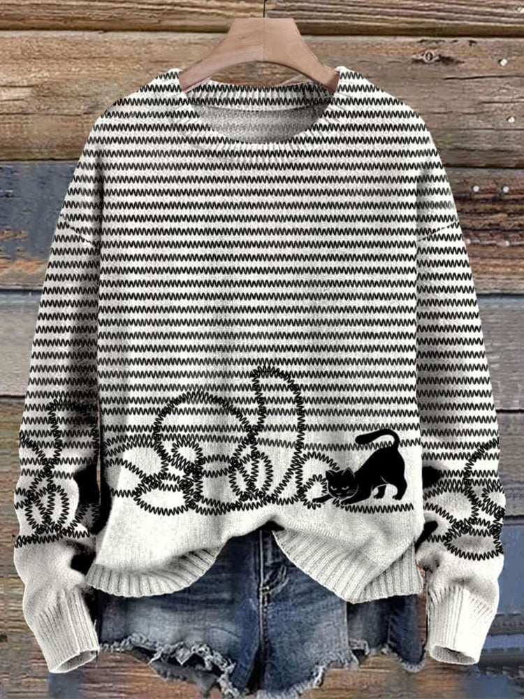 Japanese Art Cute Cat Print Knit Pullover Sweater elevenforest