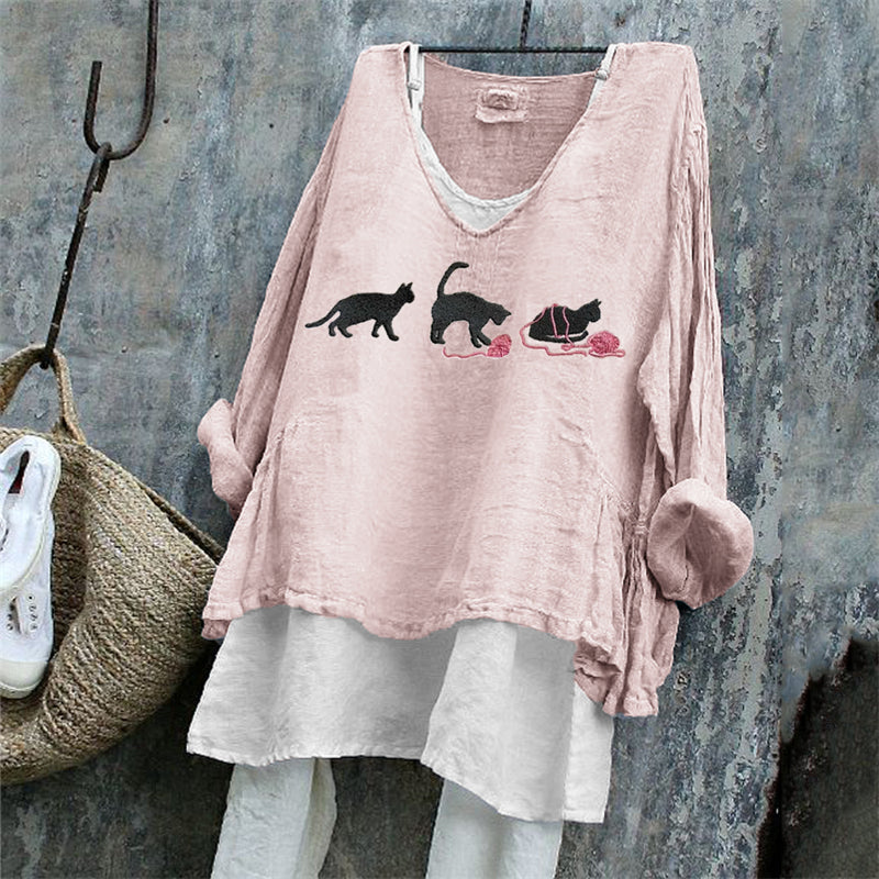 Black Cats With Pink Yarn Balls Embroidered Linen Tunic elevenforest