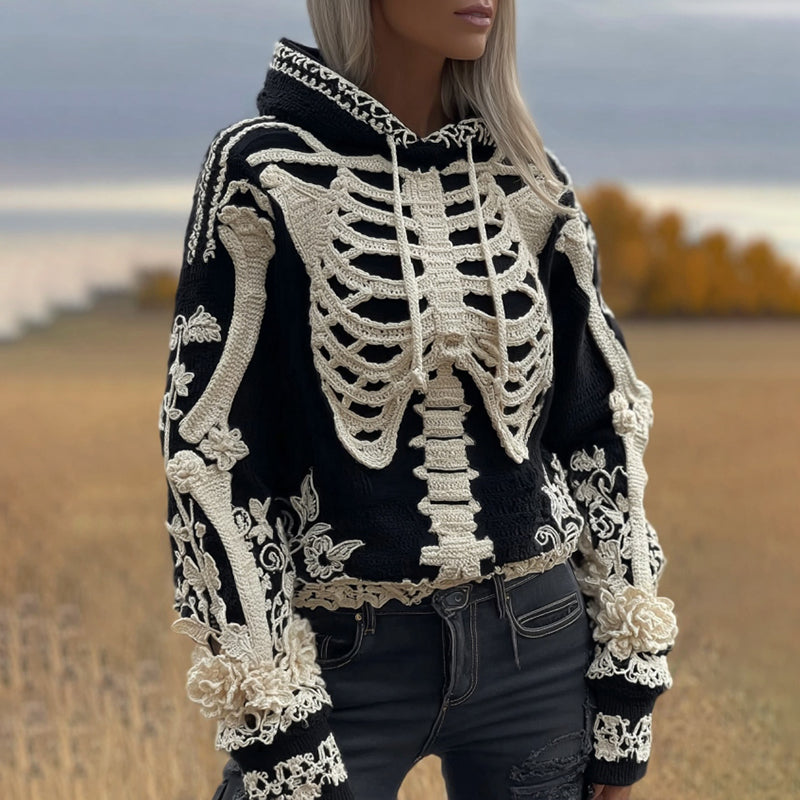 Women's Vintage Skeleton Lace Embroidery Knit Hooded Sweater artswardrobe