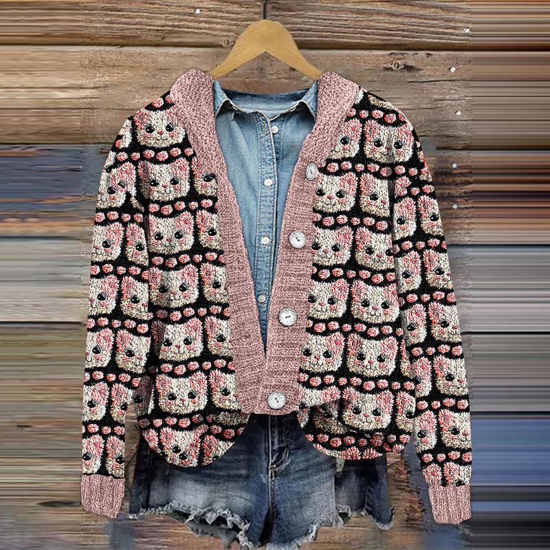 Cute Cat Print Casual Knitted Cardigan elevenforest