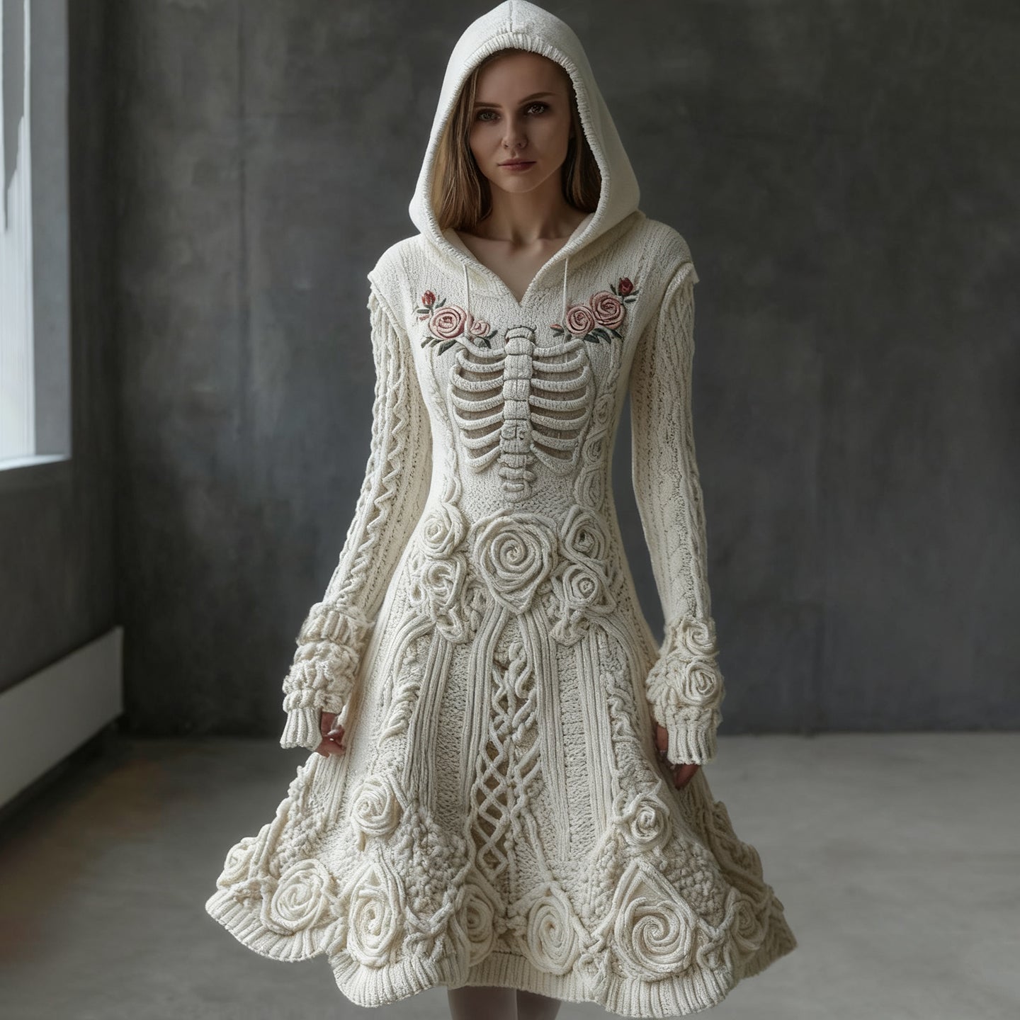 Vintage Skeleton And Roses Hooded Sweater Dress artswardrobe