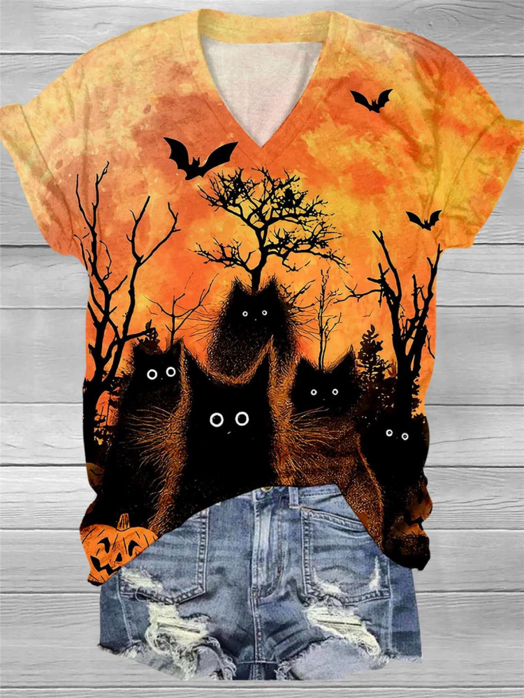 Halloween Black Cat Print V Neck T-Shirt elevenforest