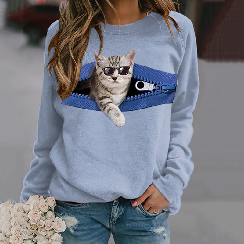Women's Cat With Zipper Print Crew Neck Sweatshirt elevenforest