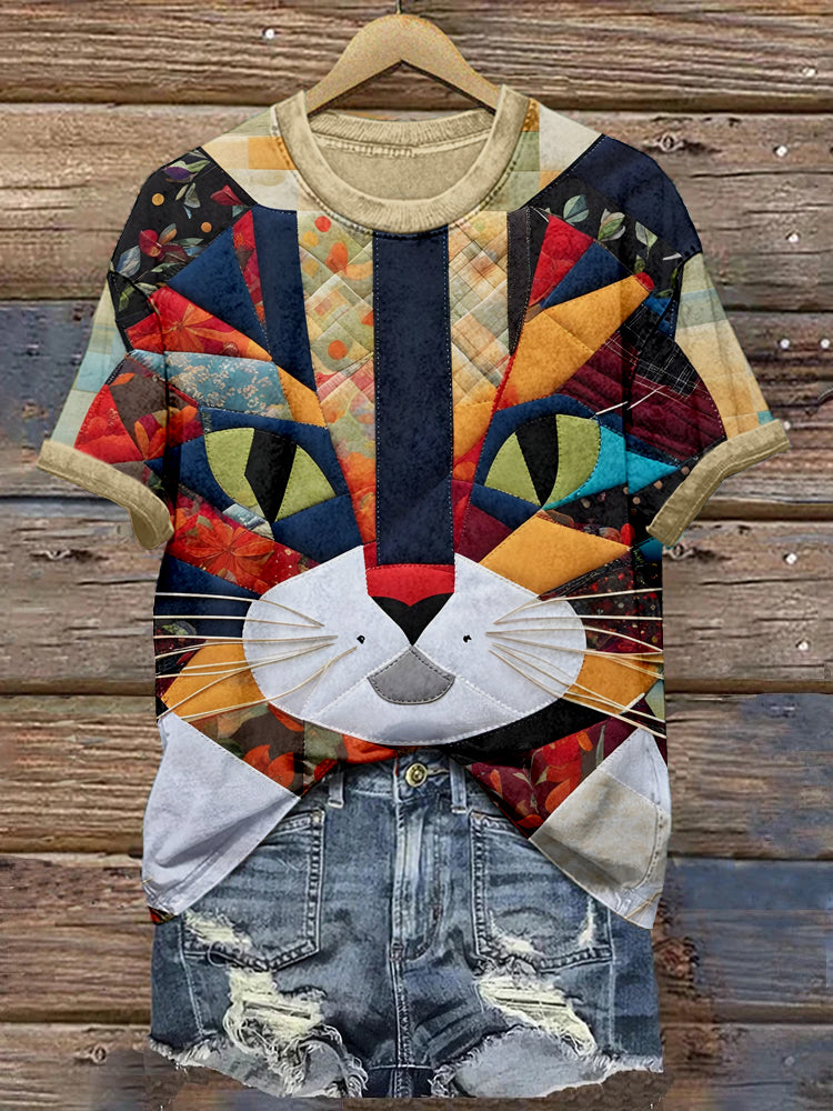 Cute Cat Patchwork Art Crew Neck Comfy T Shirt elevenforest