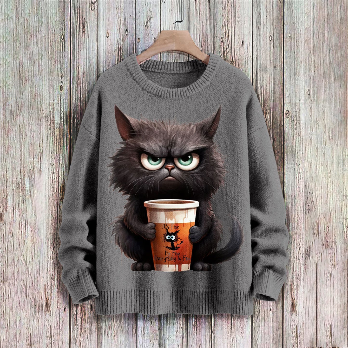 Funny Cat Art Print Knit Pullover Sweater elevenforest