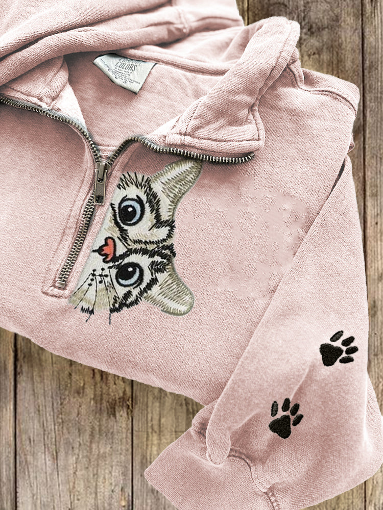 Lovely Peeking Cat Paw Prints Embroidered Zip Up Sweatshirt elevenforest