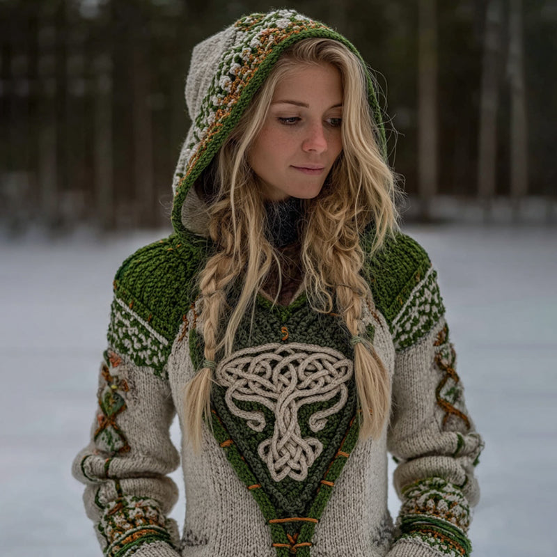 Women's Vintage Viking Tree Of Life Pattern Cozy Knit Hoodie Sweater artswardrobe