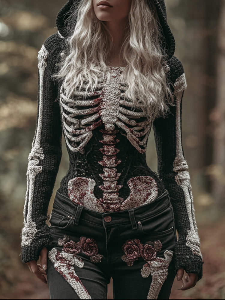 Women Halloween Skull Blood Stains Make Old Black Hooded Knitted Sweater artswardrobe