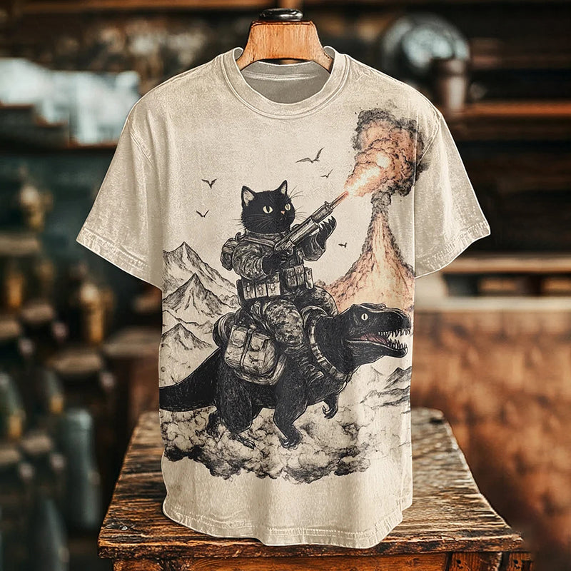 Men's Vintage Cat Riding Dinosaur Battle Print T-shirt elevenforest