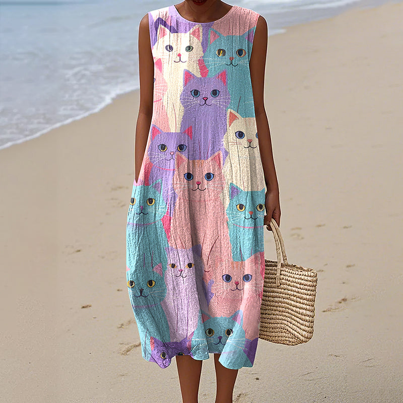 Women's Colorful Cat Art Sleeveless Dress elevenforest