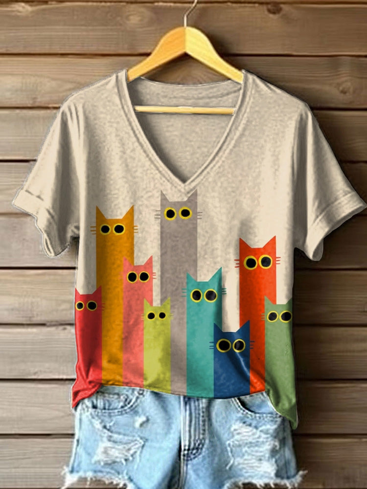Women's Colorful Cats Art Print T-shirt elevenforest