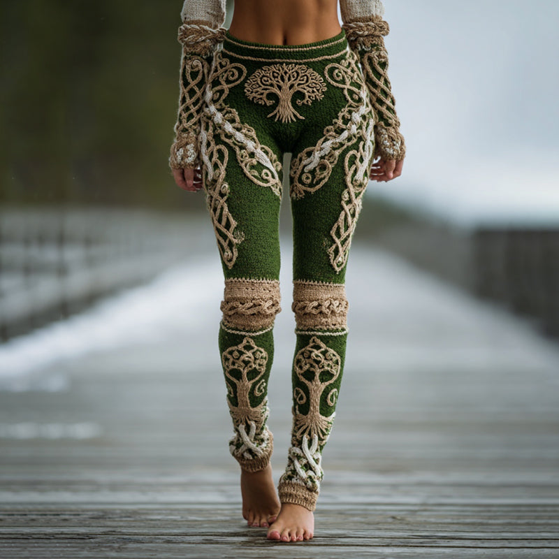 Women's Vintage Viking Tree Of Life Celtic Knot Jacquard Leggings artswardrobe