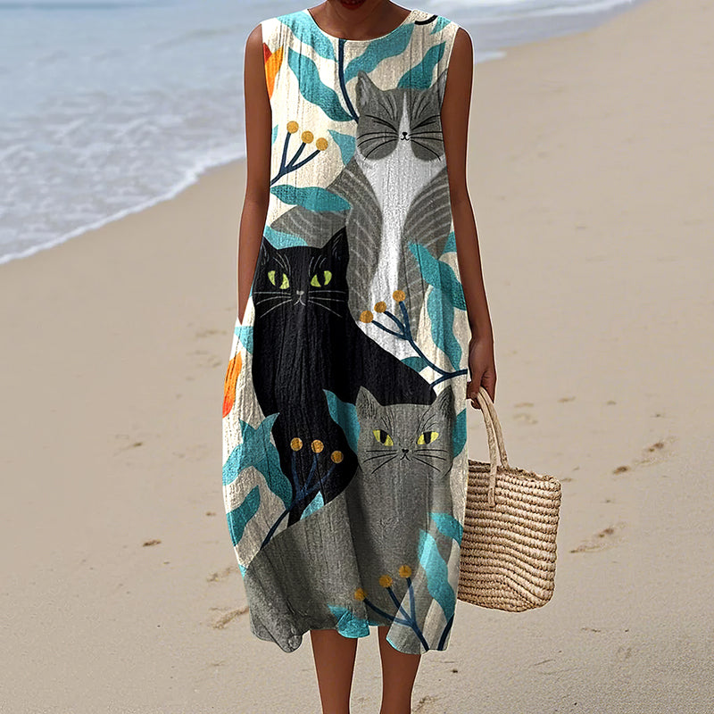 Women's Floral And Cat Art Print Dress elevenforest