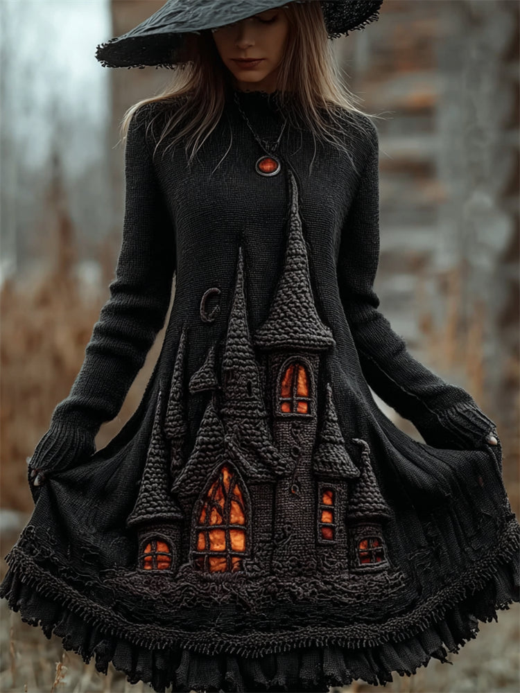 Halloween Vintage Castle Cozy Knit Sweater Dress artswardrobe